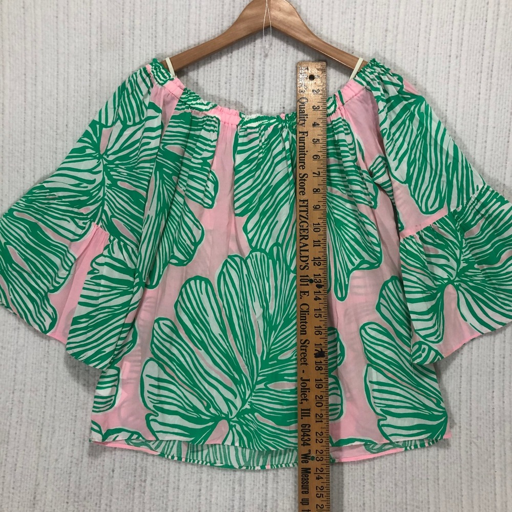 Lilly Pulitzer Pink Green Palm Leaf Off The Shoulder Bell Sleeve Blouse Small - Picture 7 of 8